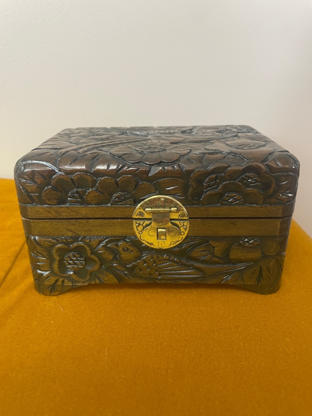 Vintage Chinese Carved Wood Jewelry Box | Bird & Floral Motif | Velvet Lined